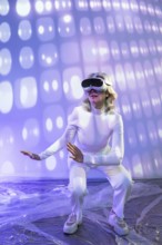 Elderly Asian woman immersed in the metaverse, wearing a VR headset. The futuristic background adds