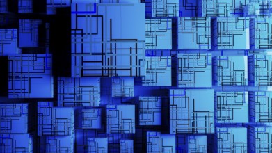 Vibrant abstract background showcases interconnected cubes, representing technology and data in a