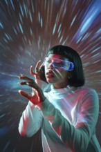 A Latin woman wearing virtual reality glasses is immersed in a digital experience, surrounded by