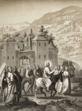 Jesus riding a donkey to Jerusalem, New Testament, steel engraving 1853, digitally restored