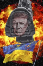 Symbolic image, Trump kicks the Ukrainian flag, US democracy in danger, EU and Germany under
