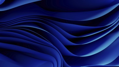 Smooth, flowing blue waves form an abstract background, resembling a digital landscape. The design