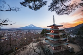 Five-story pagoda of a Shinto Shrine, Chureito Pagoda, with views of Fujiyoshida City and Mount