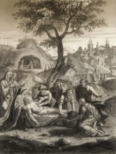 The Burial of Jesus, New Testament, steel engraving 1853, digitally restored