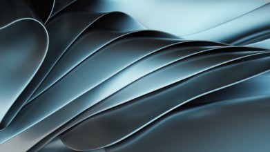 Abstract digital artwork with fluid metallic waves creating elegant, flowing shapes in shades of