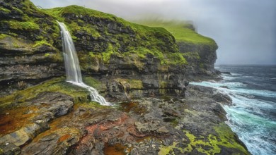 Denmark, Faroe Islands, Karlsöy, coast, small waterfall, Atlantic
