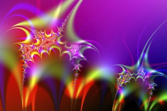 A digital artwork featuring a vivid display of colorful fractals with a psychedelic blend of red,