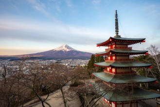 Five-story pagoda of a Shinto Shrine, Chureito Pagoda, with views of Fujiyoshida City and Mount