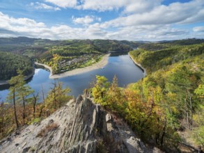 View from Bockfelsen of Hohenwarte Reservoir in autumn, Saaleschleife, Obere Saale, Thuringian