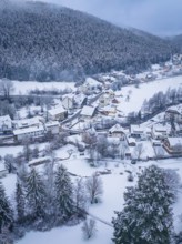 Snowy landscape with village and wooded scenery, Enzklösterle, district of Calw, Black Forest,