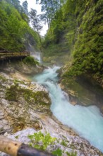 Breathtaking view of the turquoise radovna river carving its way through the stunning vintgar