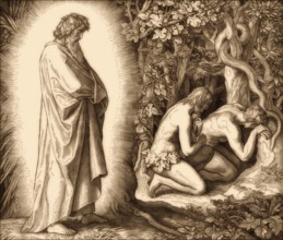Confrontation, fall of man, by Julius Schnorr von Carolsfeld, 1860