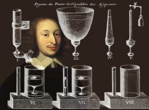 Portrait of Blaise Pascal with a page of Traitez de l'equilibre des liqueurs, et de la pesanteur de