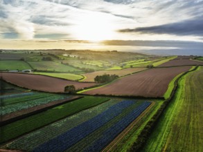 Colours of autumn Fields and Farms over Sheldon from a drone, Torbay, Devon, England, United