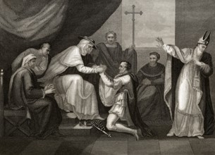 König Johann kniet vor dem päpstlichen Legaten Kardinal Pandulf Verraccio, Szene aus dem