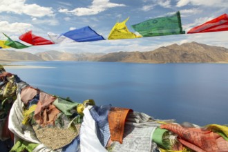 Colorful prayer flags flutter against the backdrop of the serene Pangong Tso lake, set amidst the