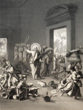 The cleansing of the Temple, New Testament, Steel engraving 1853, digitally restored