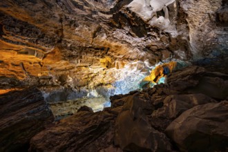 Underground cave formed by lava flow, illuminated lava cave, Cueva de los Verdes, Lanzarote, Canary