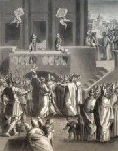 The Sanhedrin trial of Jesus, New Testament, steel engraving 1853, digitally restored