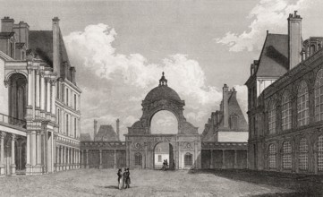 Cour d'Honneur, Château de Fontainebleau, near Paris, antique steel engraved print, 1831