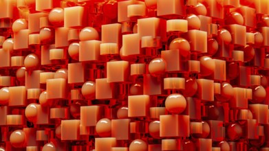 An engaging array of 3D geometric shapes in fiery orange tones combines spheres and cubes, creating