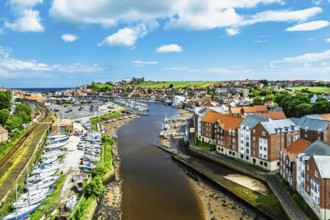 Whitby and River Esk from a drone, North Yorkshire, England, United Kingdom