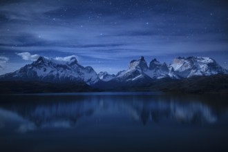 Moonlight over Lake Pehoe in Torres del Paine National Park, Chile