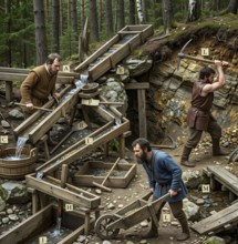 Mining and metallurgy technology, historical illustration, digitally processed, mining, miners, ore