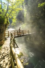 Tourists enjoying summer day at vintgar gorge near bled, walking on wooden pathway above turquoise