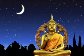 Buddha at night, starry sky, crescent moon, moon, Chon Buri, Thailand