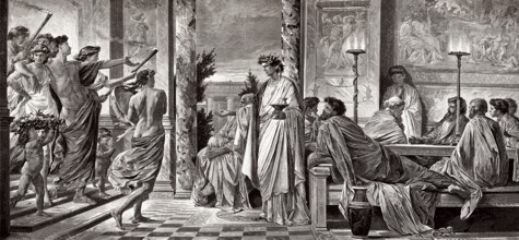 The Symposium or drinking party at the house of the tragedian Agathon in Athens, by Plato