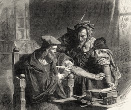 Faust signs the contract with his blood, first part of the tragic play Faust by Johann Wolfgang von