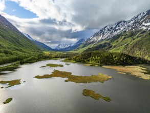 Lake Tern Lake and mountain landscape, aerial view, Moose Pass, Kenai Peninsula, Alaska, USA