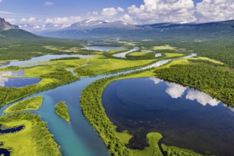 Aerial view of river Vistasjohka, branching river arms, turquoise colored river, Vistasvagge