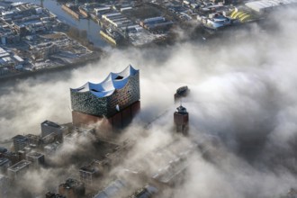 Elbe Philharmonic Hall, Seenebel, Elbe, Hafencity, aerial view