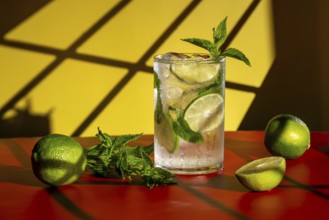 A refreshing classic mojito with lime and mint is set against a vibrant yellow and yellow backdrop.