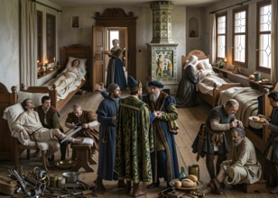 A hospital, bedside experience according to Paracelsus, historical illustration, digitally edited,