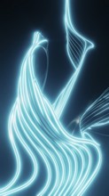This illustration features glowing neon blue lines that form an abstract, fluid design against a