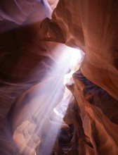 Antelope Canyon's breathtaking light beams illuminate the textured sandstone walls, creating a