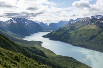 View of blue lake and mountains on Twin Peaks Trail, Eklutna Lake, Chugach Mountains, Chugach State