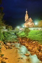 Church St. Sebastian in Ramsau at night, Ramsauer Ache River, autumn, Idyllic village,
