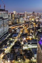 Osaka city from above with the skyline skyscrapers at night in Osaka, Japan