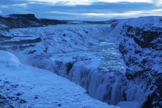 Gullfoss, Hvítá River Waterfall, Blue Hour, Frost, Snow, Winter, Haukadalur, Iceland, Scandinavia