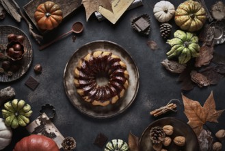 From above tasty appetizing pumpkin cake with chocolate cream on table decorated with autumn