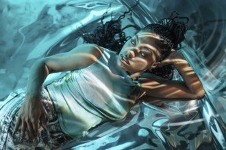 A futuristic African young woman immersed in a metaverse scene, surrounded by vibrant, reflective