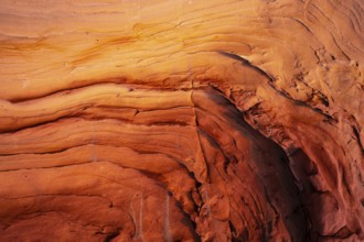 Close-up of textured red rock surfaces showing natural lines and curves, emphasizing the geological