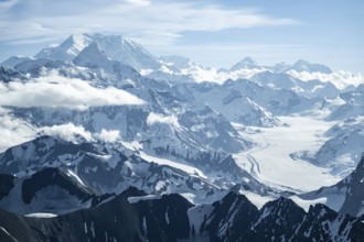 Snow and ice, epic mountains with glaciers, Mt Denali or Mount McKinley, aerial view, Alaska Range,