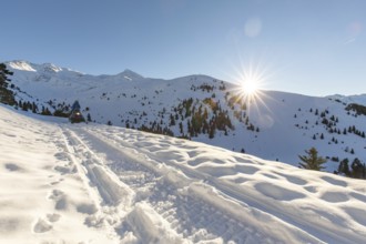 A snowmobile traverses a snowy mountain path under a clear blue sky in a picturesque winter