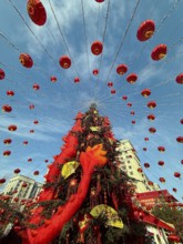Vibrant Chinese New Year decorations adorn the streets with red lanterns and festive elements,