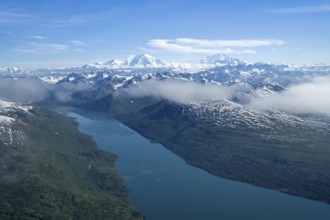 Chelatna Lake, Mt Foraker and Mt Denali or Mount McKinley, aerial view, Alaska Range, Denali